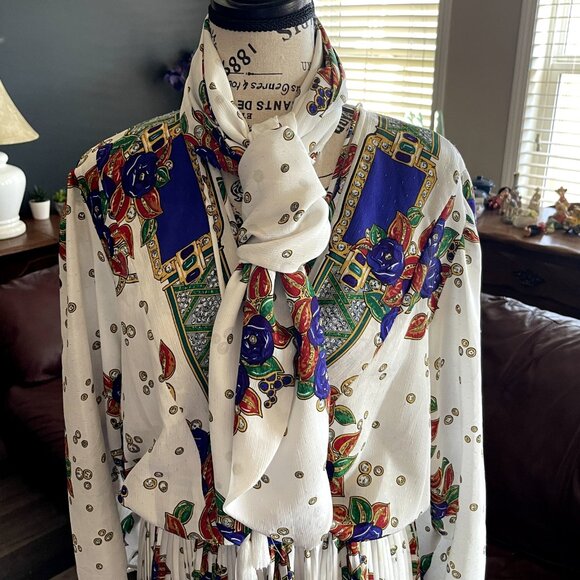 Vintage 80's DIANE FREIS Boho Dress Georgette Midi Floral Paisley Scarf M/L - Picture 14 of 16